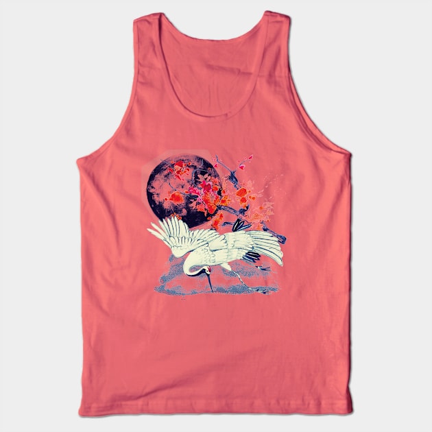 Japanese Sumi E Moonlight Crane Tank Top by Underthespell